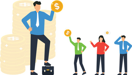 Successful businessman with gold coins illustrating wealth gap, income inequality, financial success, business hierarchy, economic disparity, corporate ladder, investment profit, salary difference.