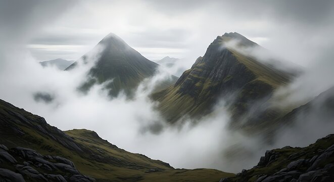 Dramatic mountain peaks shrouded in swirling mist and clouds creating an atmospheric and moody landscape scene
