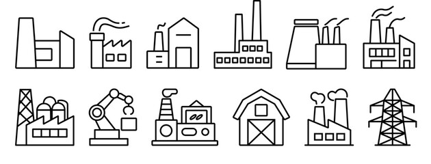 Factory icons collection. Simple factory, plant, industry icon set. Production symbol. Flat and line style - stock vector..