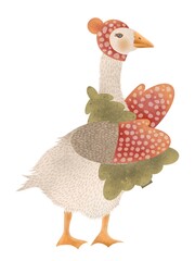 A hand-drawn goose in a red hat and mittens with a Christmas tree on a white background