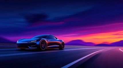 Dynamic Sports Car on Highway with Vibrant Sunset Sky
