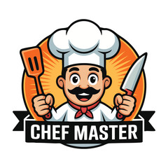 Cartoon chef character with spatula and knife in front of orange sunburst cooking kitchen
