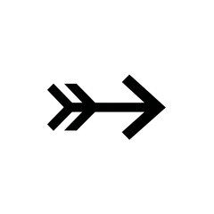 Black arrow icon pointing right on white background. Stylized directional symbol for user interface, navigation, and design.