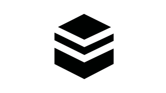 Minimalist black stacked layers icon. Abstract geometric symbol for data, blockchain, server, storage, or digital technology concept.