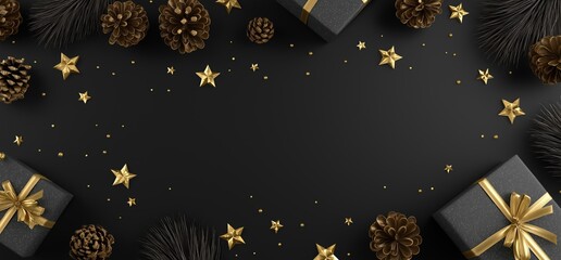 christmas background with black and gold gift boxes on the right side, black color background, banner design, 3d rendering. christmas card or invitation for new year's party celebration. 