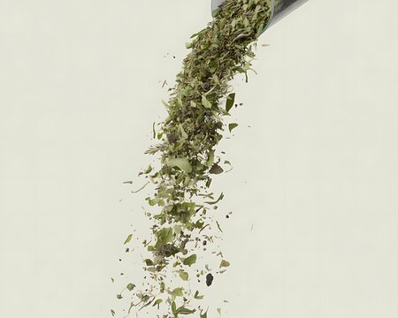 Dried herbs and spices falling from a scoop, isolated on white background