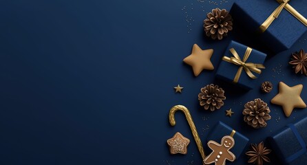 3d rendering of a christmas background with gifts on a blue and gold color scheme. a new year concept banner, card, or web design template.  