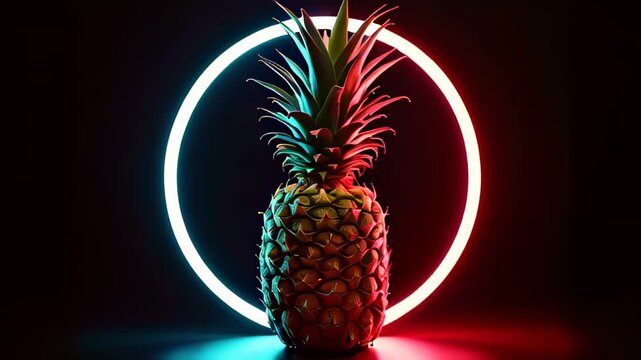 Pineapple sitting in front of a neon circle