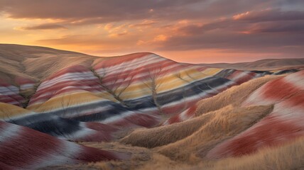 Vibrant striped hills under a dramatic sunset sky, showcasing colorful geological formations