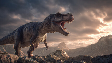 AI-generated image - A fierce Tyrannosaurus rex roaring on rocky terrain under dramatic cloudy skies, showing power and prehistoric realism with cinematic lighting.