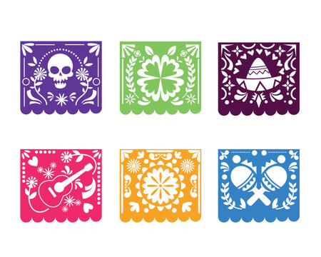 Set of colorful Mexican papel picado icons featuring skull, guitar, sombrero, and maracas in flat festive style, perfect for Day of the Dead decoration and celebration design projects
