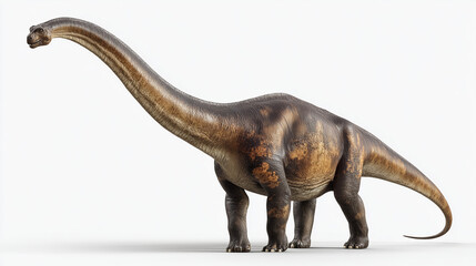 Fototapeta premium AI-generated image - Realistic full-body illustration of a Brachiosaurus dinosaur standing on white background, showcasing detailed skin texture and long neck anatomy.