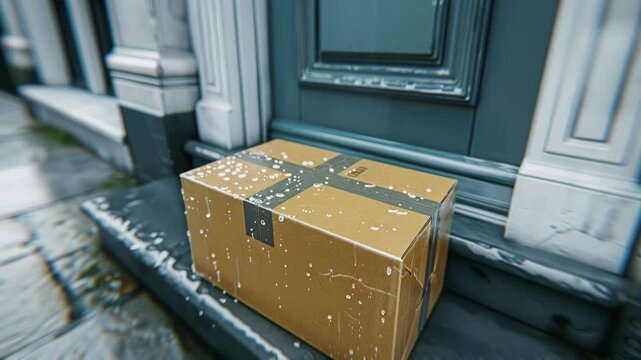 Concept of online purchase delivery  cardboard package arriving at entrance doorstep in 3d render
