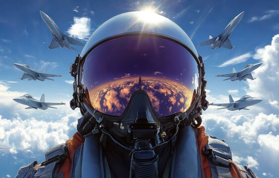 Close-up of a pilot wearing a reflective helmet with six fighter jets flying in formation against a vivid blue sky with clouds and sunlight