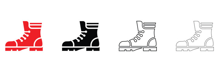 Hiking boots icons set, construction work boot, combat, army boot, winter boot vector, silhouette and line art