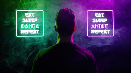 Rear view of male person look between two futuristic neon signs Eat Sleep Manga Repeat