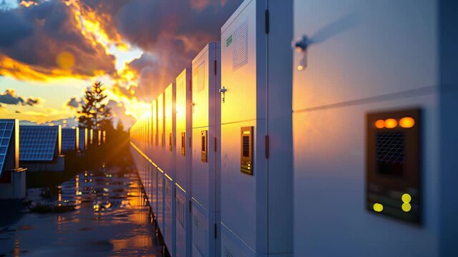 Row of white battery energy storage system containers with pcs cabinets at solar power facility