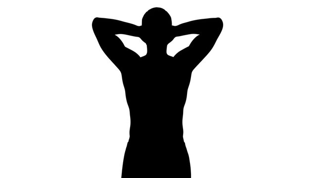 Silhouette of a man with hands behind his head against a white background in a studio shot - Powered by Adobe