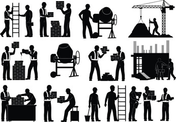 Silhouette construction workers performing various building tasks with tools, lifting bricks, mixing cement, teamwork on site, industrial labor concept for architecture and construction