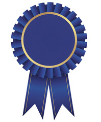 Blue award ribbon with gold trim, rosette and flowing tails