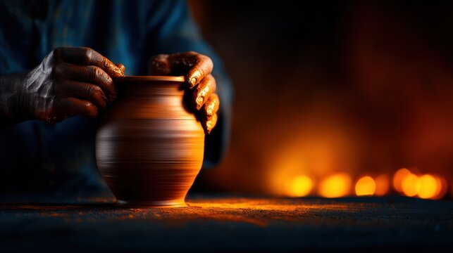 Potter's Hands Shaping a Clay Vessel with Warm Light