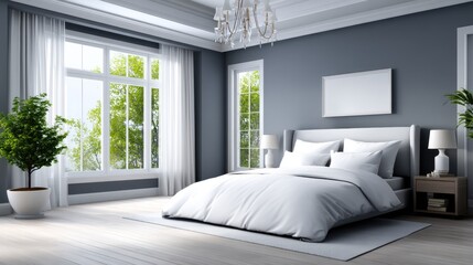 Fototapeta premium Elegant Modern Bedroom Interior with White Bed and Bright Window View