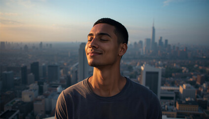 A young man stands on a high rooftop at sunset with his eyes closed and a peaceful smile, illuminated by warm golden light. Behind him, a sprawling city skyline fades into the hazy distance