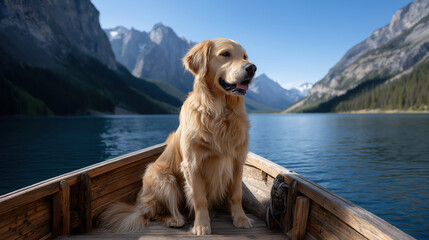 Beautiful outdoor landscape featuring a golden retriever sitting on a boat in a stunning mountain lake surrounded by scenic water lush wilderness and tranquil nature