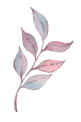 Watercolor branch with purple and pink leaves. Hand-drawn illustration with blue, purple, and pink leaves. Design and decoration for textiles and packaging.