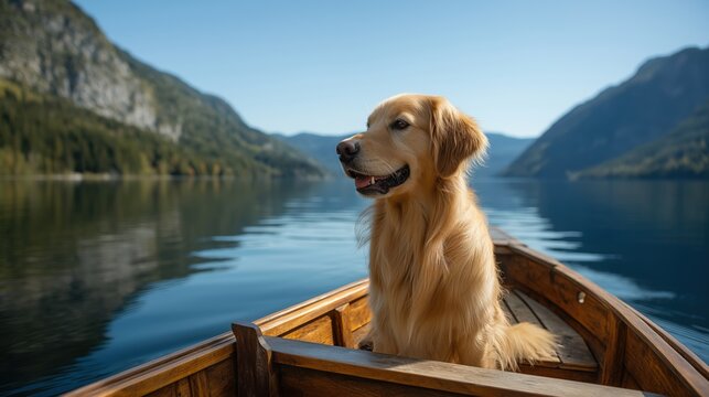 Beautiful outdoor scene featuring a dog on a boat in a serene lake surrounded by mountains capturing scenic water reflection nature and outdoor adventure