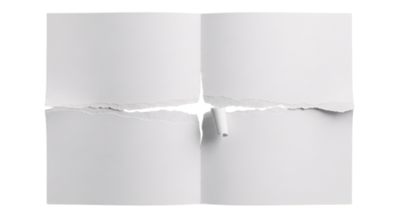 Clean white paper torn in half, revealing a bright gap and raw edges in studio