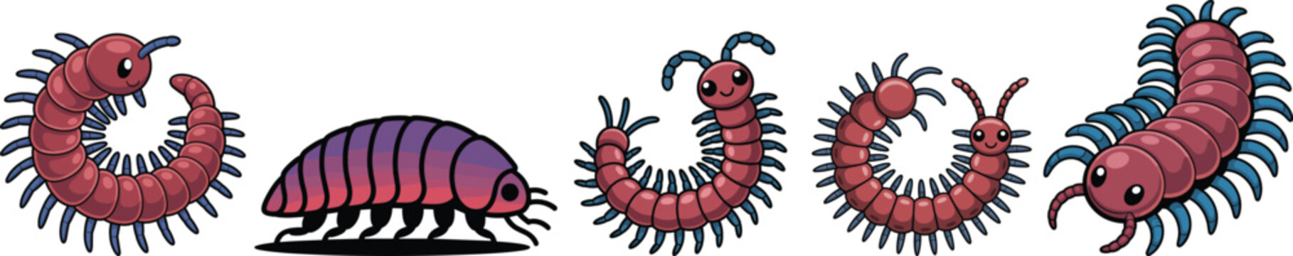 Cute Cartoon Millipede and Pillbug Vector Set: Happy Crawling Insects with Red, Purple, and Blue Colors