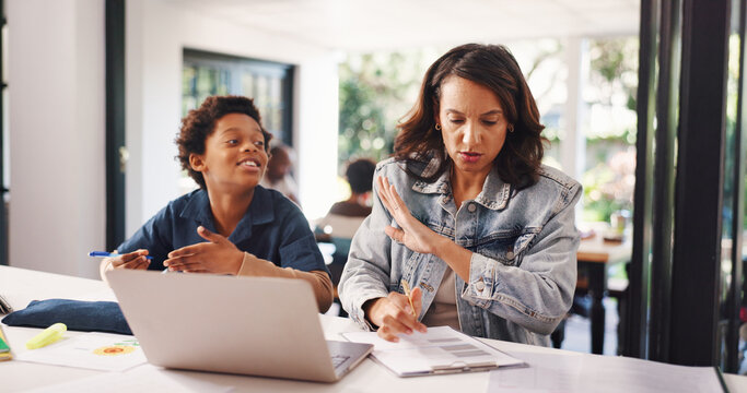 Busy mom, child and wait with laptop in home for noise, distraction or moment to work. Mother, kid or stop with demanding son with documents, computer or question for multitasking or tasks in house - Powered by Adobe
