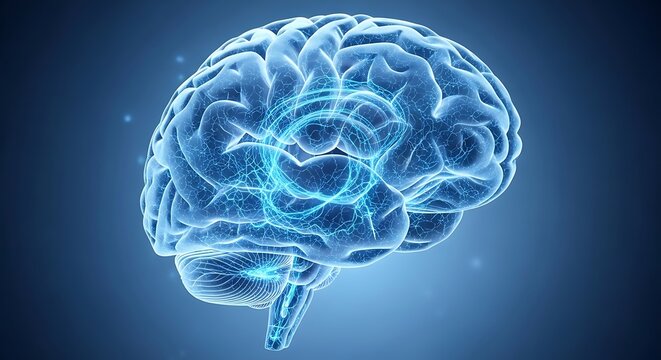 Human brain illustration showing neural activity on blue background concept