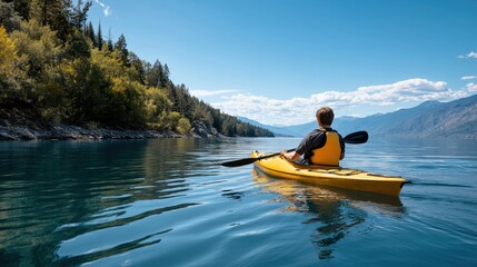 Serene outdoor kayaking on calm river surrounded by lush green landscape with scenic water scenery perfect for adventure nature exploration and outdoor recreation