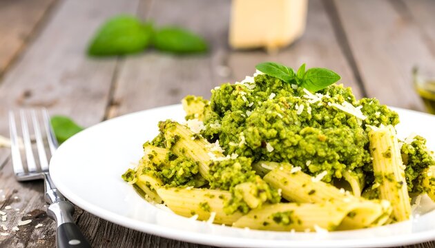 A delicious plate of penne pasta with fresh green pesto sauce, garnished with grated parmesan cheese and basil on a rustic wooden table. - Powered by Adobe