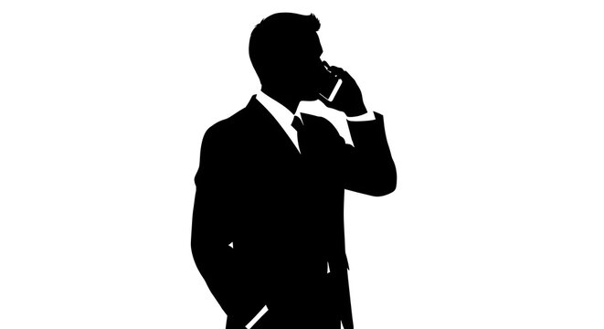 Silhouette of a man in a suit talking on a cell phone against a white background with a tie visible