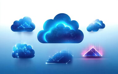 glowing blue cloud shapes and geometric figures with digital data and network connection patterns symbolizing cloud computing technology under soft light gradient background