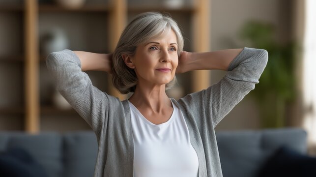 Elegant elderly woman with gray hair relaxing indoors showcasing confidence peaceful demeanor and natural beauty in a casual lifestyle portrait
