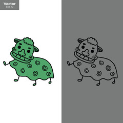 Funny green cartoon monster with big smile and curly hair, isolated on white background