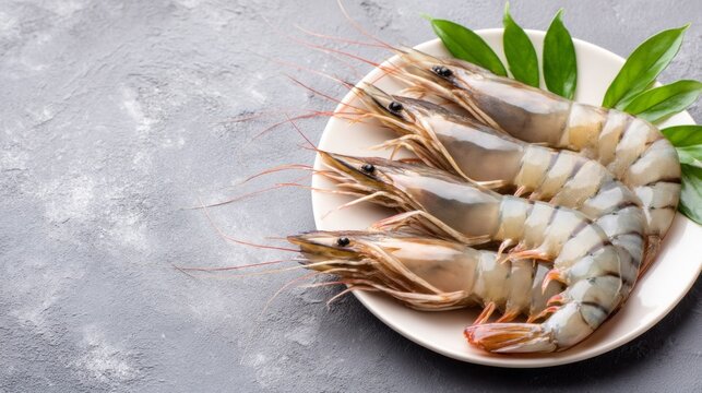 Freshly caught tiger prawns are beautifully arranged on a white plate alongside fragrant spices, creating an inviting scene for seafood lovers