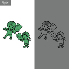 Two cute cartoon children holding a square paper with a drawing of a flower, isolated on white background