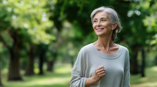 Beautiful senior woman enjoying outdoor nature scene with joyful smile and relaxed pose in a vibrant natural environment showcasing health confidence and vitality - Powered by Adobe