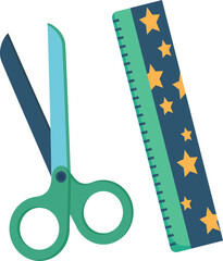 Green scissors and a ruler with stars isolated on white background