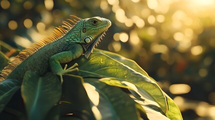 Fototapeta premium Green iguana on a leaf in warm golden sunlight reptile Photo