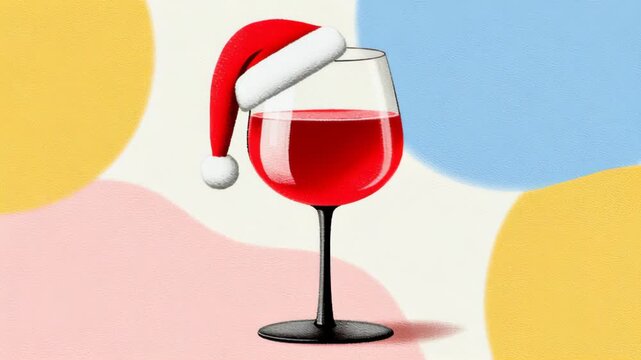 Festive glass of red beverage adorned with a Santa hat, showcased against a vibrant backdrop of colorful shapes, capturing the holiday spirit, camera zooms in for detail enhancement