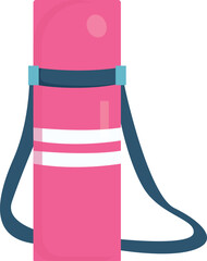 Pink yoga mat with a dark blue strap, isolated on white background