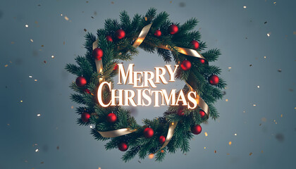 Elegant Merry Christmas wreath with glowing text and festive confetti, perfect for holiday greetings and seasonal promotions, creating a warm festive spirit