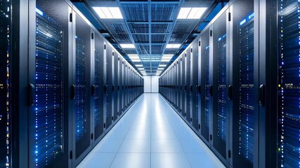 Long server room aisle with rows of racks, flashing lights, data processing, big data, network servers, computer network, data center, computing resources, hallway, and grid ceiling. - Powered by Adobe