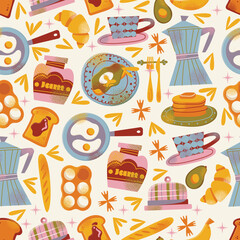 Breakfast food seamless pattern fried eggs, toasts, croissant, cup, pancakes, avocado, banana, butter dish, and jam jar. Flat vector illustration kitchen utensils. Food and morning meal concept